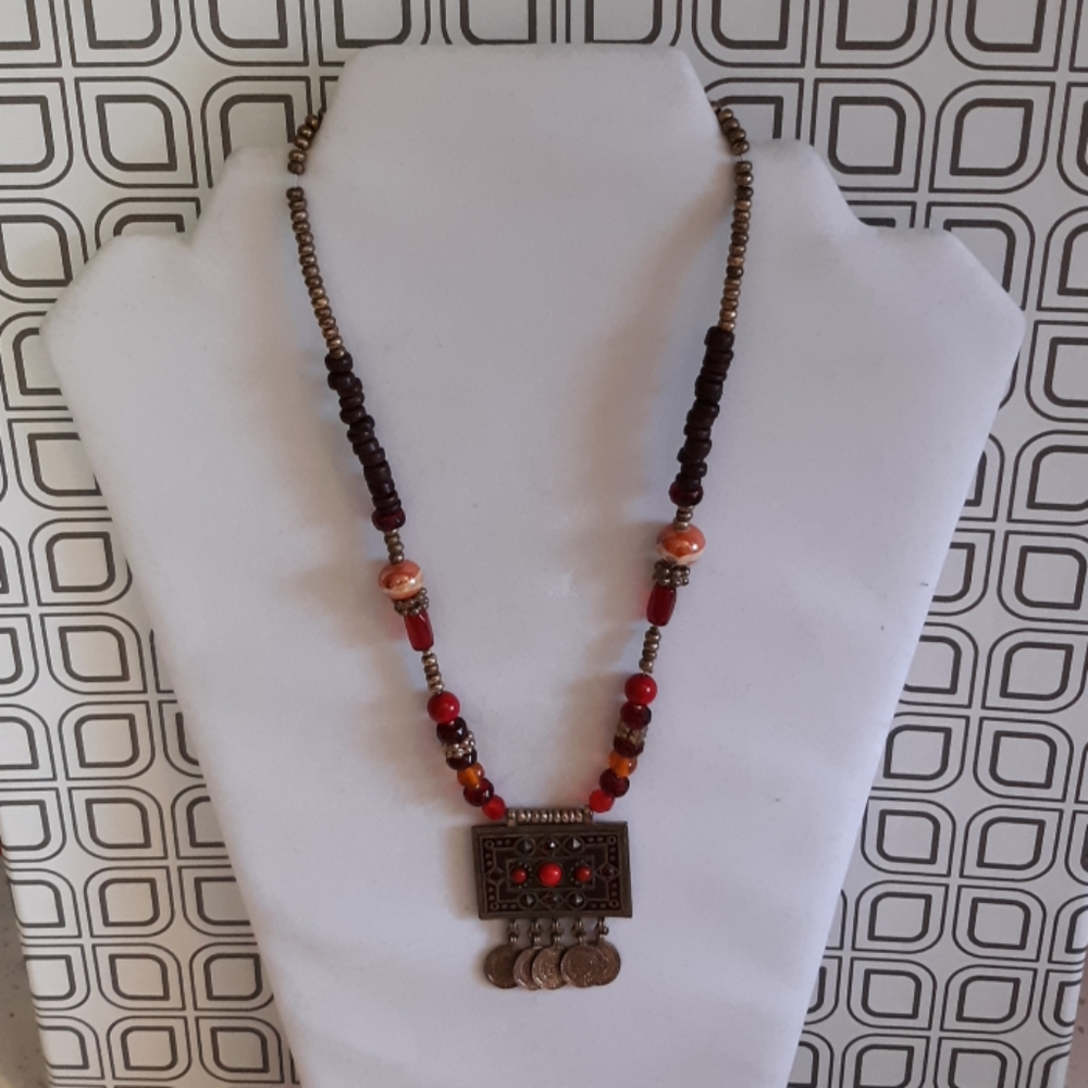 Avenue Brass Pendant Red Glass Bead Necklace